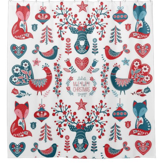 フェスティバルレッドネイビークリスマススススススカンジナビアフォークアート シャワーカーテン (正面)