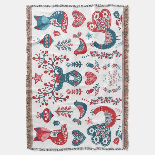 フェスティバルレッドネイビークリスマススススススカンジナビアフォークアート スローブランケット (正面縦)