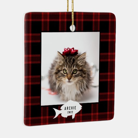 フェスティバルレッドバッファロープレイドキャットネームクリスマス セラミックオーナメント (右)