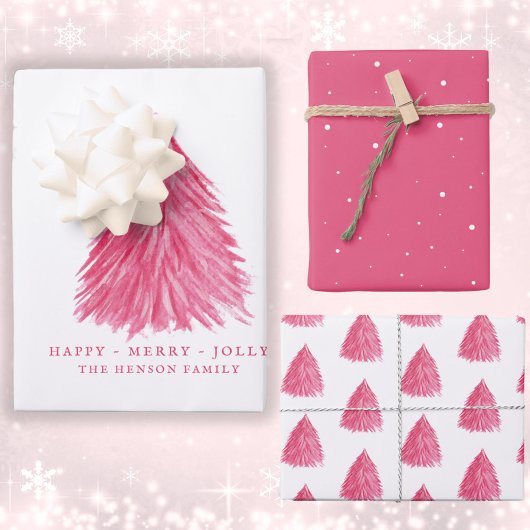 フェスティバルレッドピンククリスマスツリーウォーターカラーホリデー ラッピングペーパーシート