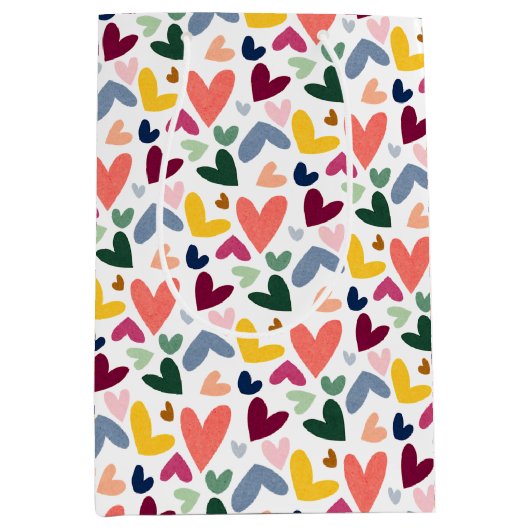 フェスティバルレッドピーチ赤面ピンクブルーハートパターン ミディアムペーパーバッグ (正面)