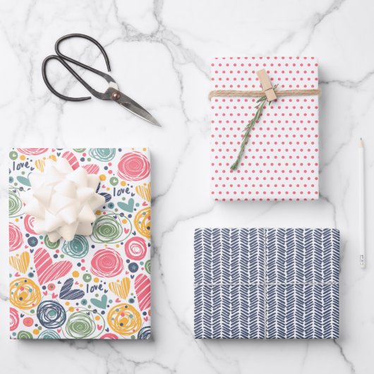 フェスティバルレッドピーチ赤面ピンクブルーハートパターン ラッピングペーパーシート (正面)