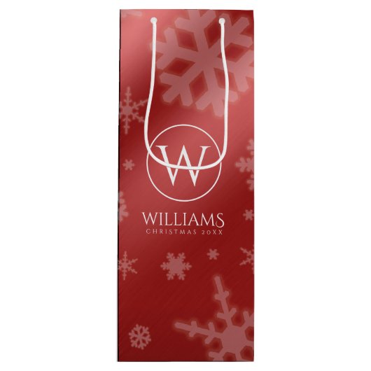 フェスティバルレッドフォイルスノーフレークモノグラム名 ワインギフトバッグ (正面)