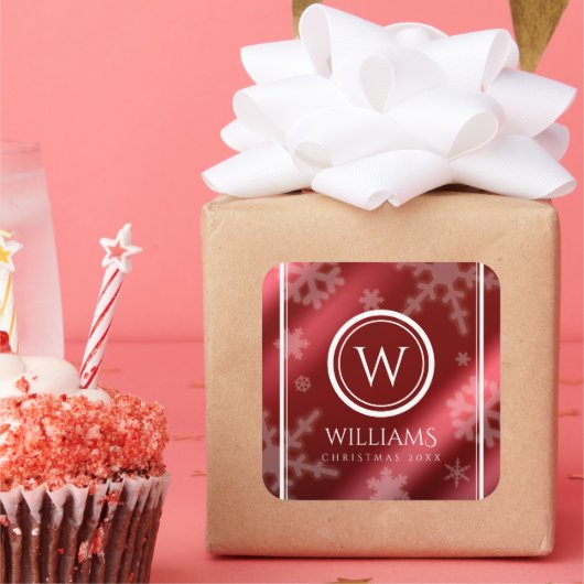 フェスティバルレッドフォイル雪片モノグラム名 スクエアシール (パーティー)