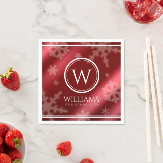 フェスティバルレッドフォイル雪片モノグラム名 スタンダードカクテルナプキン (インサイチュ)