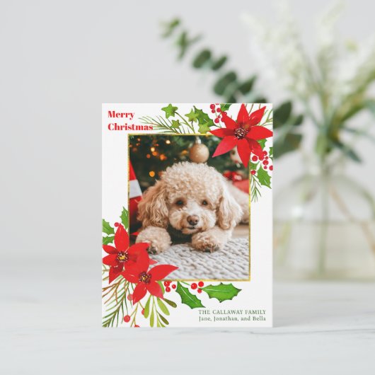 フェスティバルレッドフローラドッグフォトクリスマスポインセチア シーズンポストカード (スタンド正面)