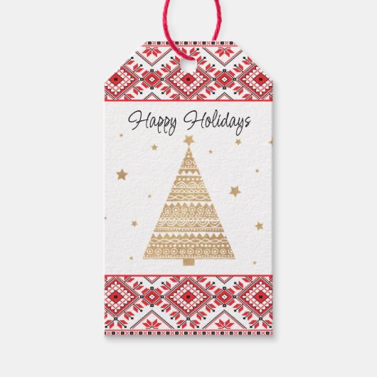 フェスティバルレッドブラッククラシックノルディックフェアアイルモチーフ ギフトタグ (正面)