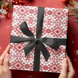 フェスティバルレッドブラッククラシックノルディックフェアアイルモチーフ ラッピングペーパー