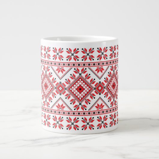 フェスティバルレッドブラックフェアアイルスノーフレークアートモチーフ ジャンボコーヒーマグカップ (正面)