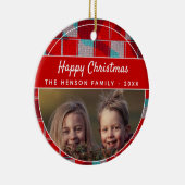 フェスティバルレッドプレイドハッピークリスマスファミリーフォト セラミックオーナメント (右)