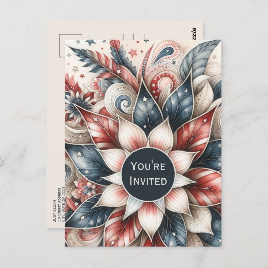フェスティバルレッドホワイトとブルーパーティの招待状 ポストカード (正面/裏面)