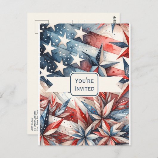フェスティバルレッドホワイトとブルーパーティの招待状 ポストカード (正面/裏面)