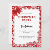 フェスティバルレッドホワイトスノーフレークキャンディクリスマスパーティー 招待状 (正面)
