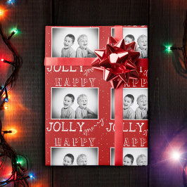 フェスティバルレッドホワイトタイポグラフィクリスマスフォト ラッピングペーパー