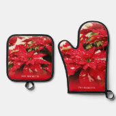 フェスティバルレッドホワイトフローラポインセティアスクリスマス 鍋つかみ&鍋敷きセット (正面)