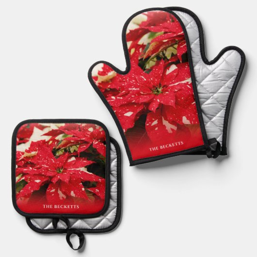 フェスティバルレッドホワイトフローラポインセティアスクリスマス 鍋つかみ&鍋敷きセット (正面/裏面)