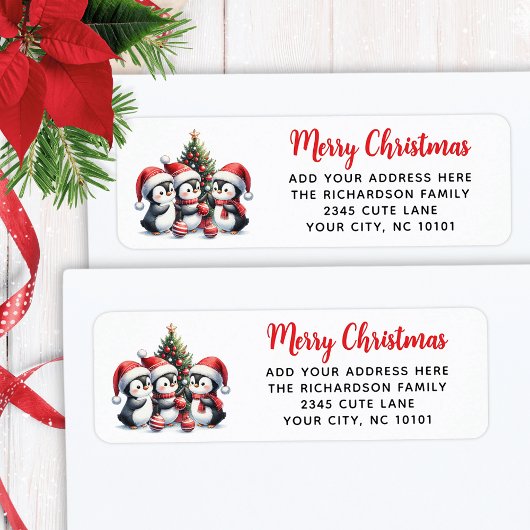 フェスティバルレッドホワイトメリークリスマスキュートペンギン ラベル