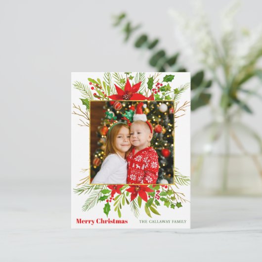 フェスティバルレッドポインセチアフローラクリスマスキッズフォト シーズンポストカード (スタンド正面)