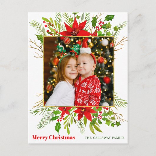 フェスティバルレッドポインセチアフローラクリスマスキッズフォト シーズンポストカード (正面)