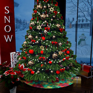 フェスティバルレッドポインセチア花柄 ブラッシュドポリエステルツリースカート