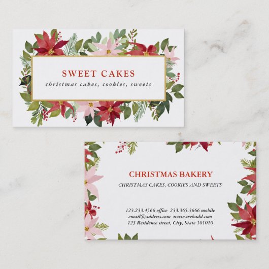 フェスティバルレッドポインセティアウォーターカラークリスマス 名刺 (正面/裏面)