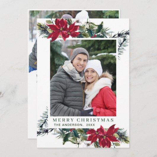 フェスティバルレッドポインセティアクリスマスグリーティング2写真 シーズンカード (正面/裏面)