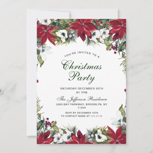 フェスティバルレッドポインセティアホリデークリスマスパーティー 招待状 (正面)