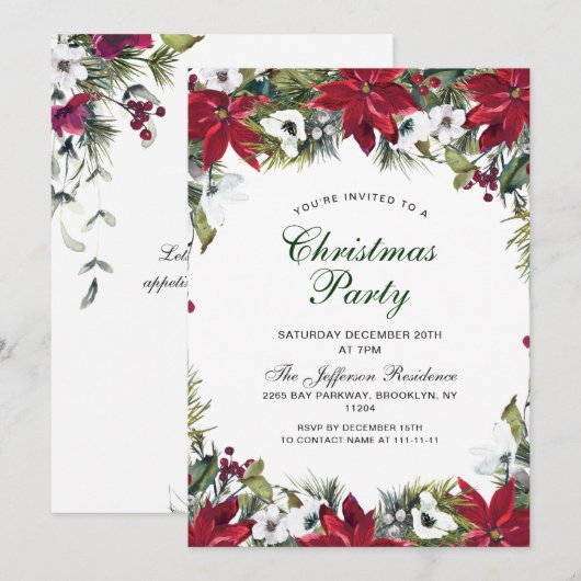 フェスティバルレッドポインセティアホリデークリスマスパーティー 招待状 (正面/裏面)