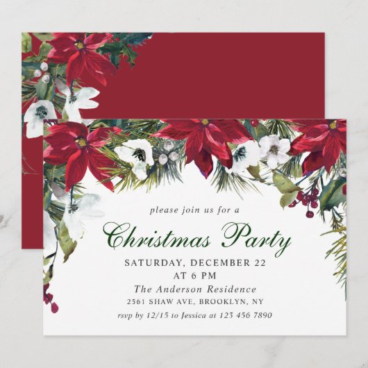 フェスティバルレッドポインセティアホリデークリスマスパーティー 招待状 (正面/裏面)