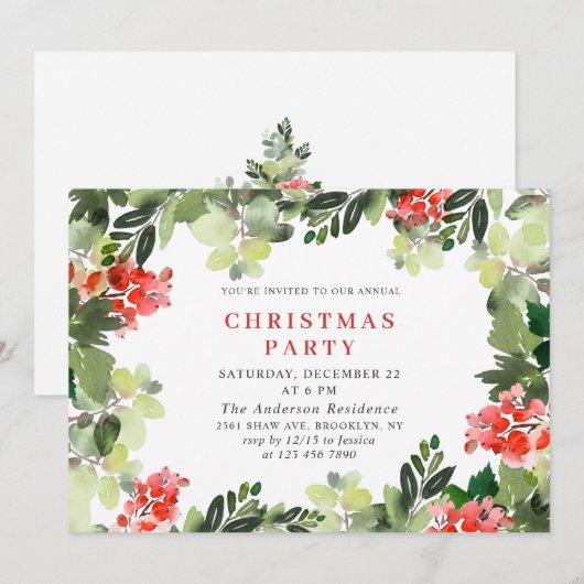 フェスティバルレッドポインセティアホリデークリスマスパーティー 招待状 (正面/裏面)