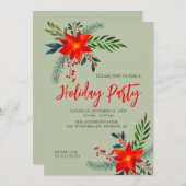 フェスティバルレッドポインセティアホリデーパーティーウォーター色 招待状 (正面/裏面)