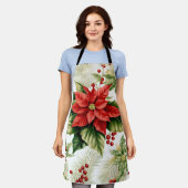 フェスティバルレッドポインセティアホリーベリークリスマス エプロン (着用した状態)