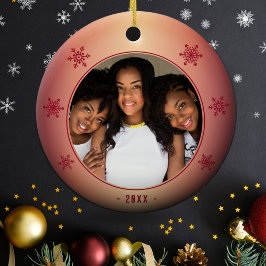 フェスティバルレッドメタリックスノーフレーク家族の写真 セラミックオーナメント