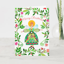 フェスティバルレッドモダンヘアフォークエンジェルクリスマス カード