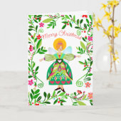 フェスティバルレッドモダンヘアフォークエンジェルクリスマス カード (黄色い花)