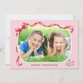 フェスティバルレッドリボンと弓の曲がった写真クリスマス シーズンカード (正面)