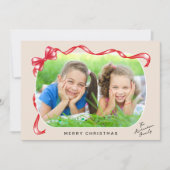 フェスティバルレッドリボンと弓の曲がった写真クリスマス シーズンカード (正面)