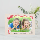 フェスティバルレッドリボンと弓の曲がった写真クリスマス シーズンカード (スタンド正面)