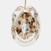 フェスティバルレッドリボン(ポインセチアと緑) セラミックオーナメント (正面)