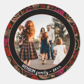 フェスティバルレッドワンラインアートクリスマスファミリーフォト ラウンドシール (正面)
