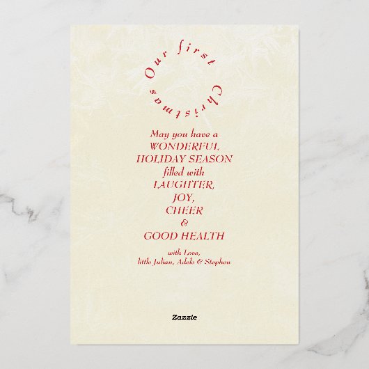 フェスティバルレッド私たちの初めてのクリスマス3 Photo Collage 箔シーズンカード (裏面)