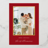 フェスティバルレッド背景スクリプト名クリスマスフォト 箔シーズンカード (正面)