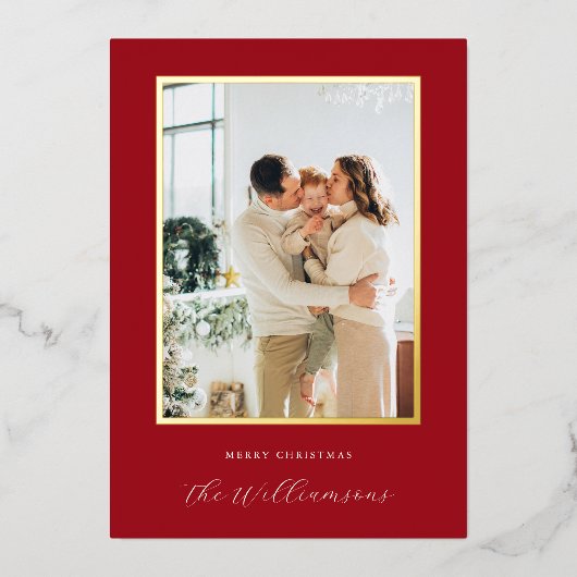 フェスティバルレッド背景スクリプト名クリスマスフォト 箔シーズンカード (正面)