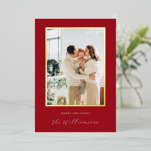 フェスティバルレッド背景スクリプト名クリスマスフォト 箔シーズンカード (立ち正面)