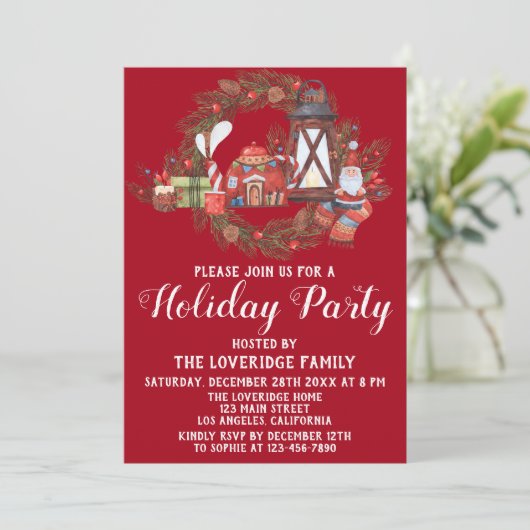 フェスティバルレッド&グリーンクリスマスシーンホリデーパーティー 招待状 (スタンド正面)