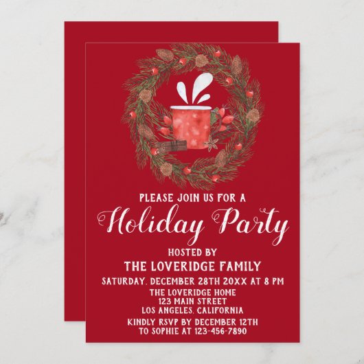フェスティバルレッド&グリーンクリスマスリースホリデーパーティー 招待状 (正面/裏面)
