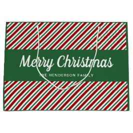 フェスティバルレッド&グリーンストライプクリスマスメリークリスマス ラージペーパーバッグ