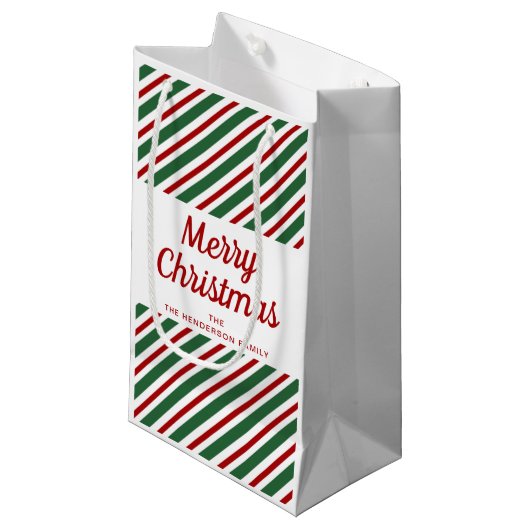 フェスティバルレッド&グリーンパターンメリークリスマス スモールペーパーバッグ (正面アングル)
