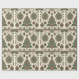 フェスティバルレッド&グリーンフォークアートクリスマス ラッピングペーパー