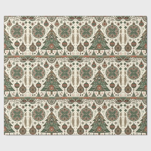 フェスティバルレッド&グリーンフォークアートクリスマス ラッピングペーパー (シーム)